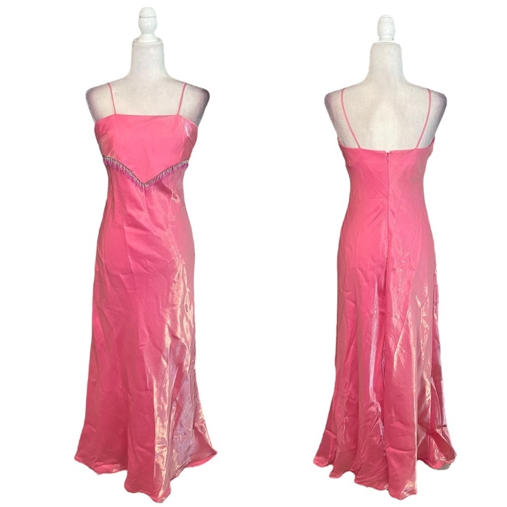 Faviana Pink Beaded Shiny Satin Floor Length Formal Dress 7/8